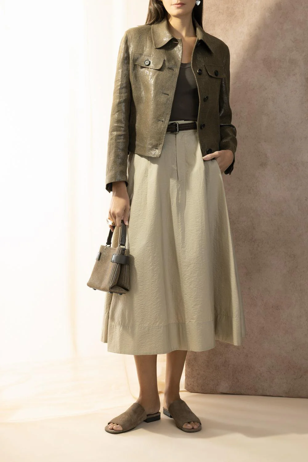 Shiny Button Front Jacket - Brown Silver - Image 2