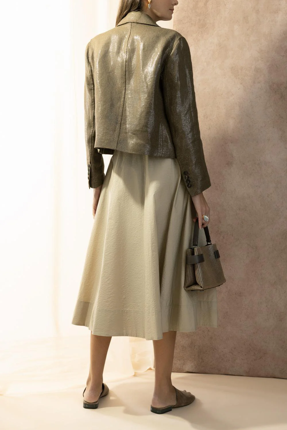 Shiny Button Front Jacket - Brown Silver - Image 4