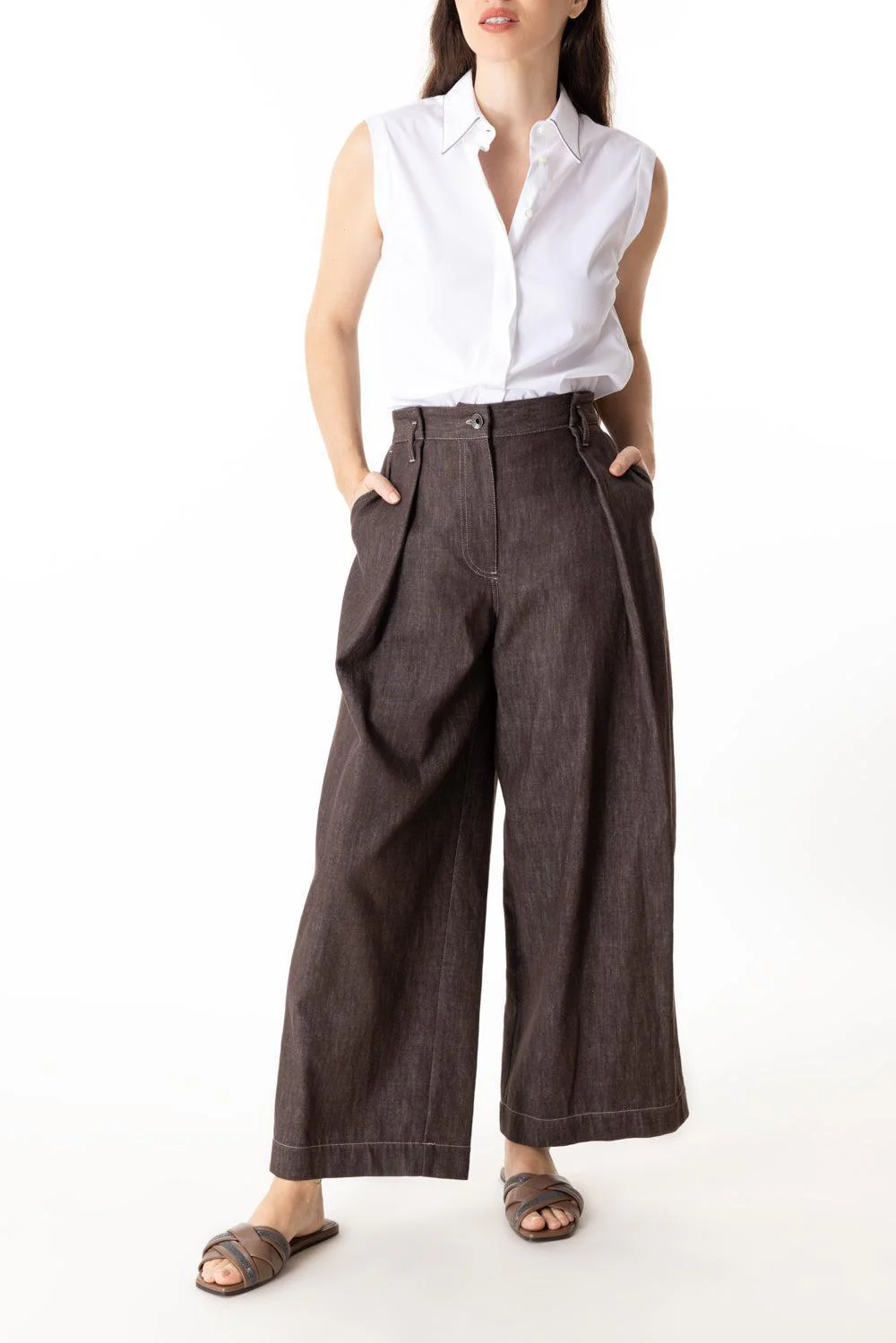 Shiny Trim Sleeveless Shirt - White - Image 2