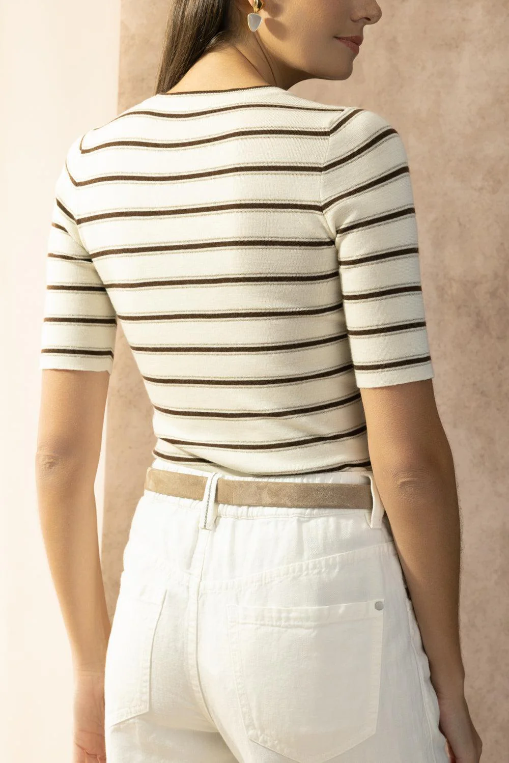 Short Sleeve Rib Stripe Sweater - Panama Beige Cacoa - Image 3