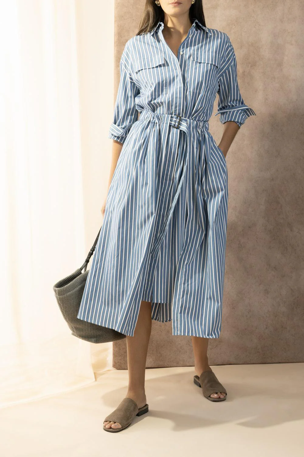 Wide Stripe Skirt Overlay Shirt Dress - Image 2