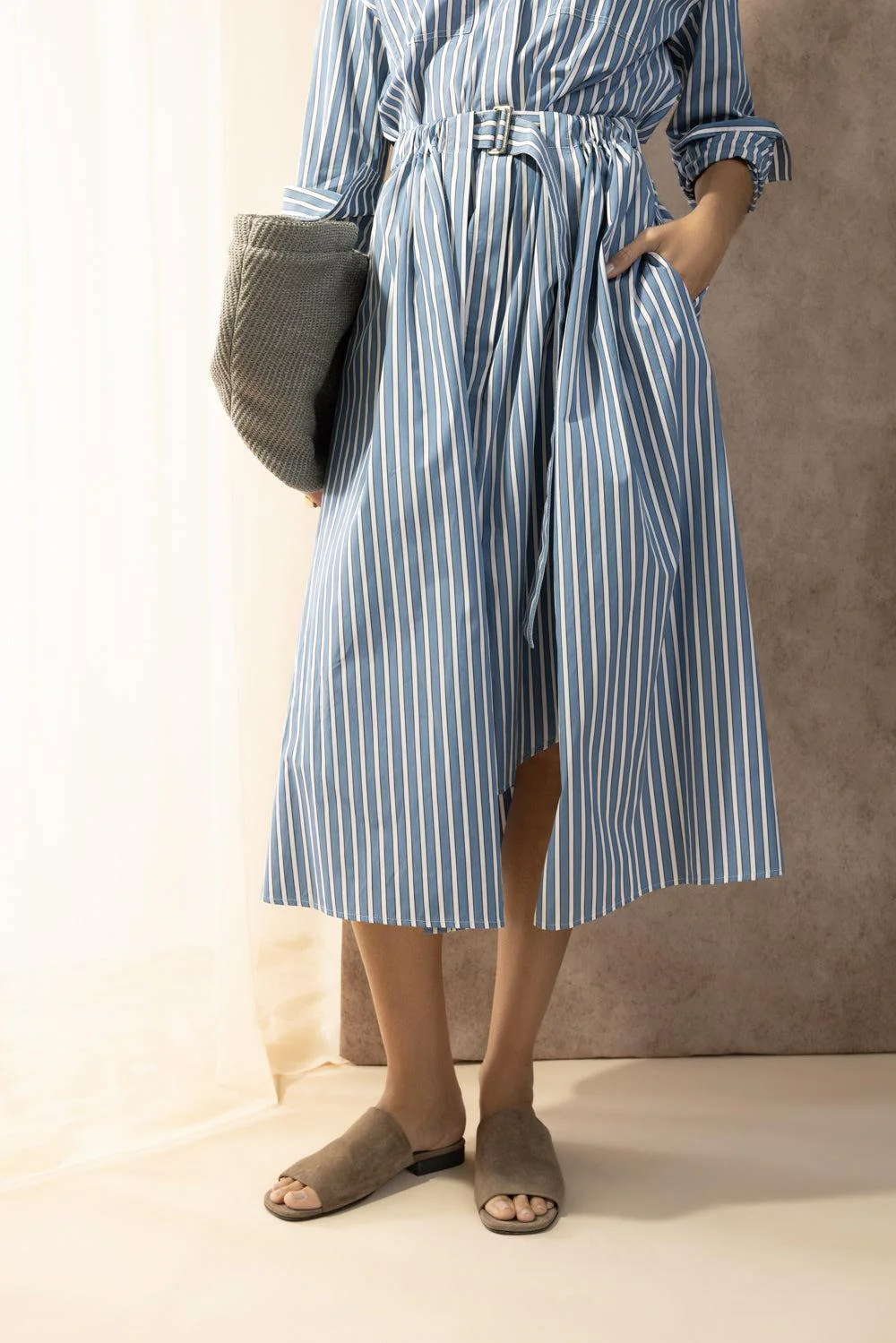 Wide Stripe Skirt Overlay Shirt Dress - Image 3