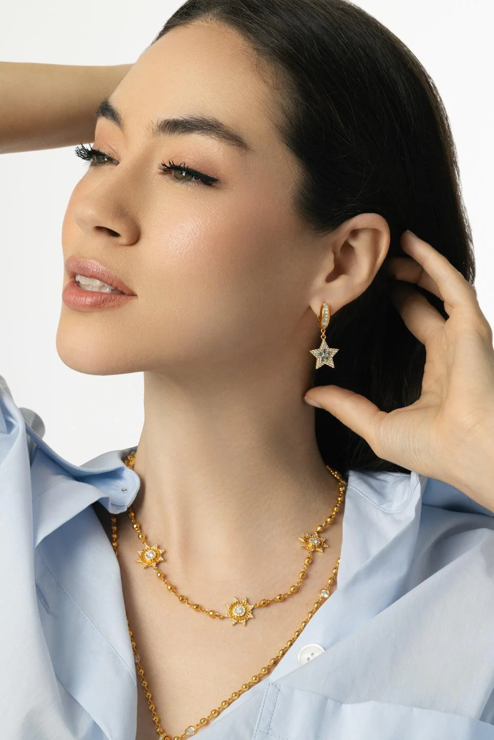 Aquamarine Kite Drop Huggie Earrings - Image 2