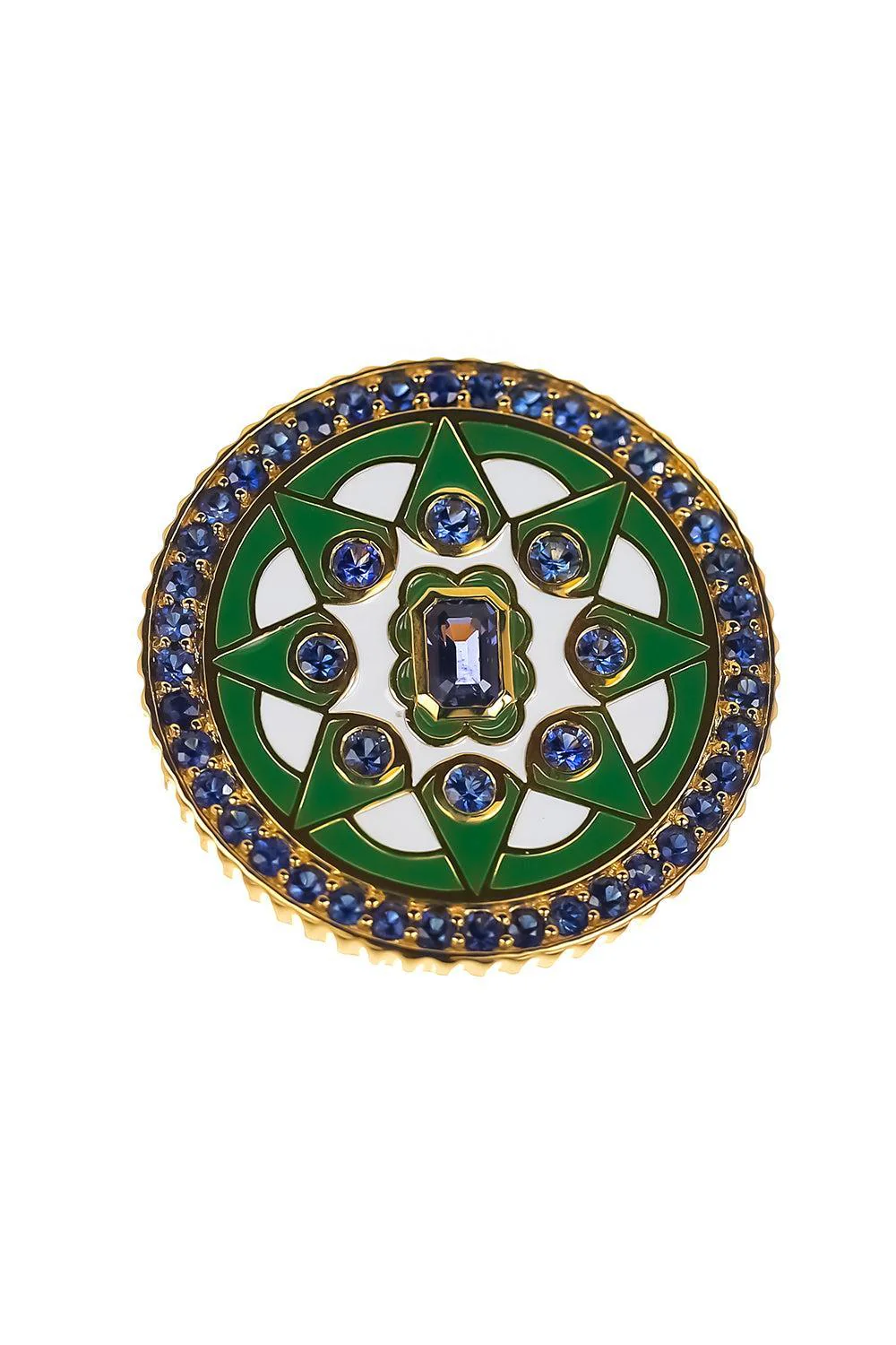 Blue Sapphire Kelly Green Mandala Coin Ring