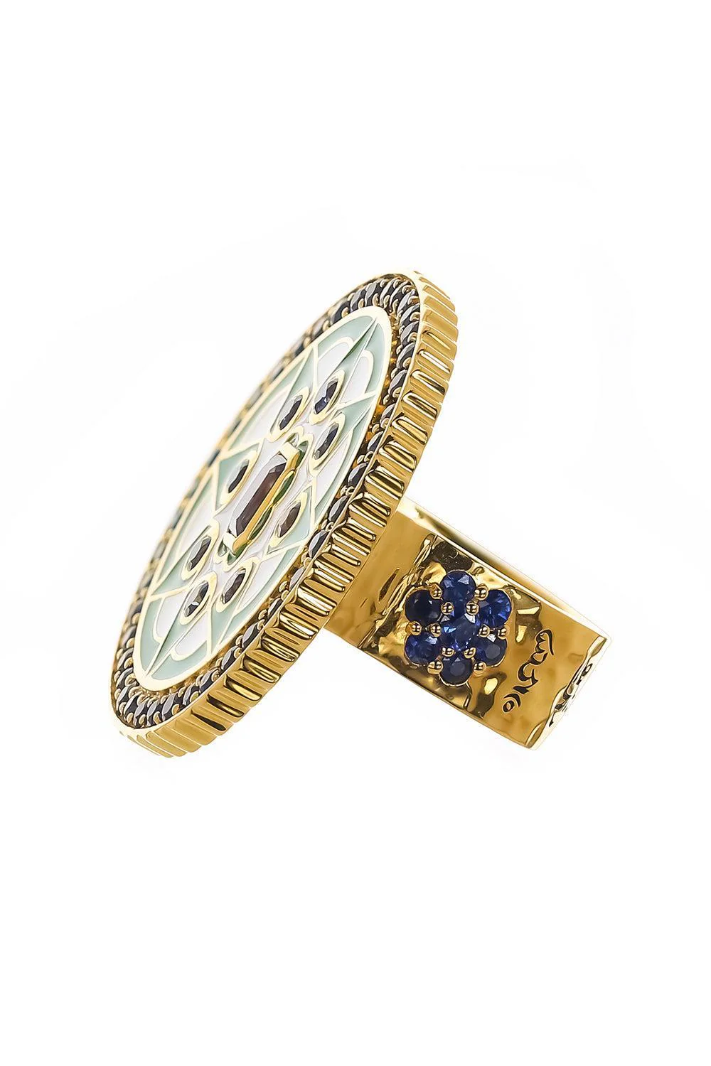 Blue Sapphire Kelly Green Mandala Coin Ring - Image 5