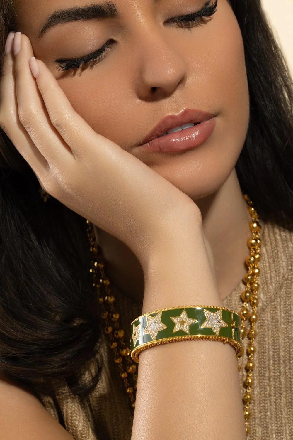 Diamond Army Green Star Bangle Bracelet - Image 2