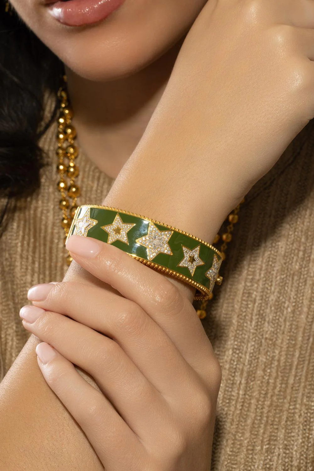 Diamond Army Green Star Bangle Bracelet - Image 3