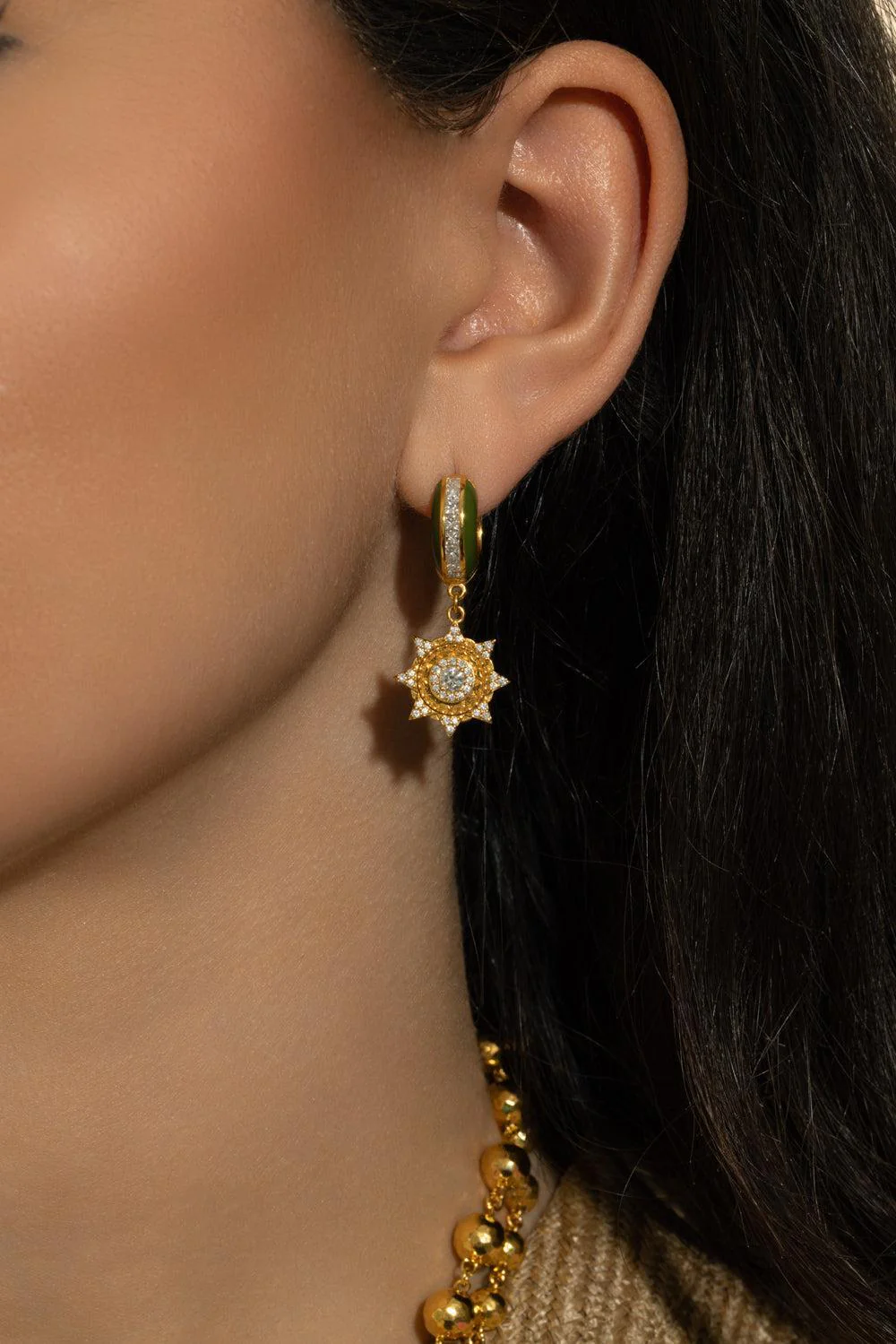 Diamond Army Green Sun Huggie Earrings - Image 3