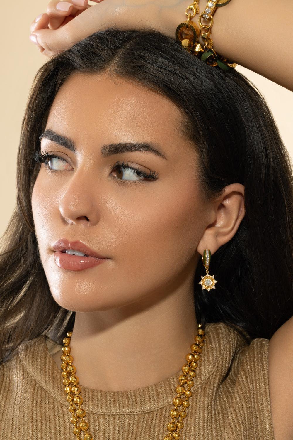 Diamond Army Green Sun Huggie Earrings - Image 4