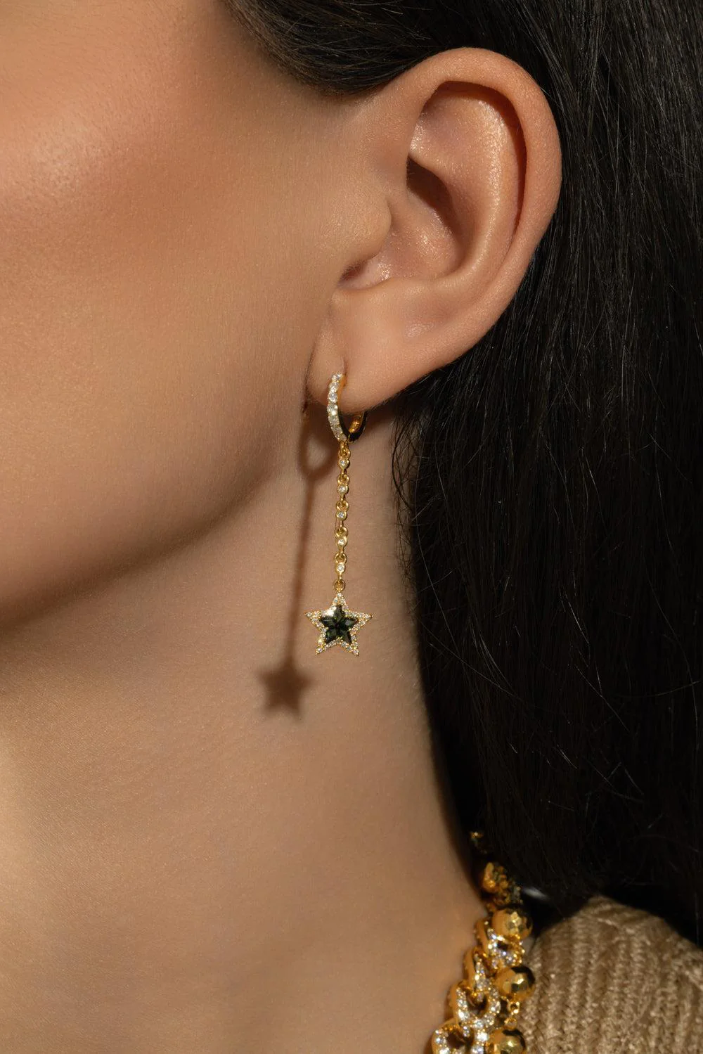 Diamond Green Tourmaline Star Drop Earrings - Image 3