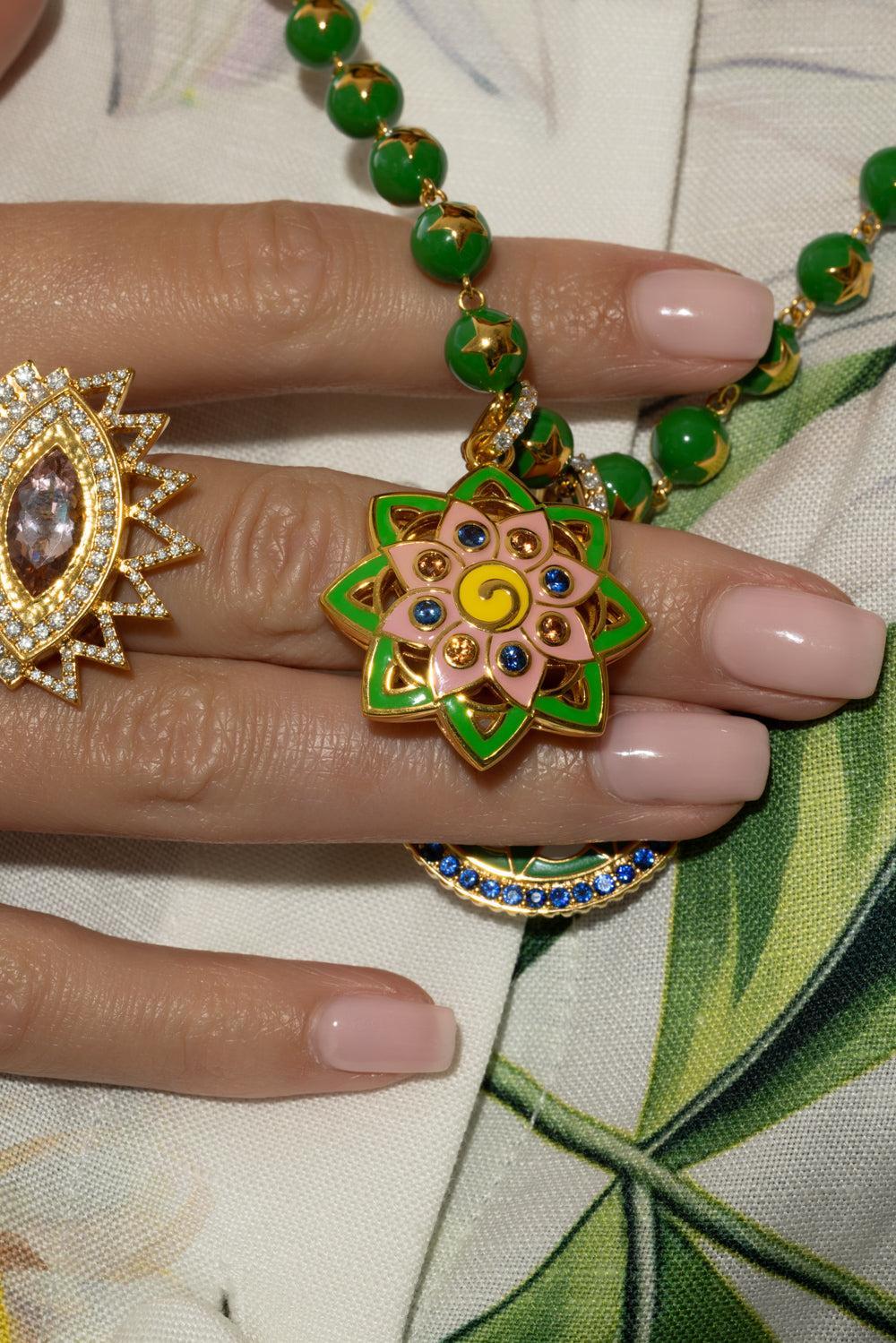 Diamond Sapphire Green Pink Star Mandala Pendant - Image 2