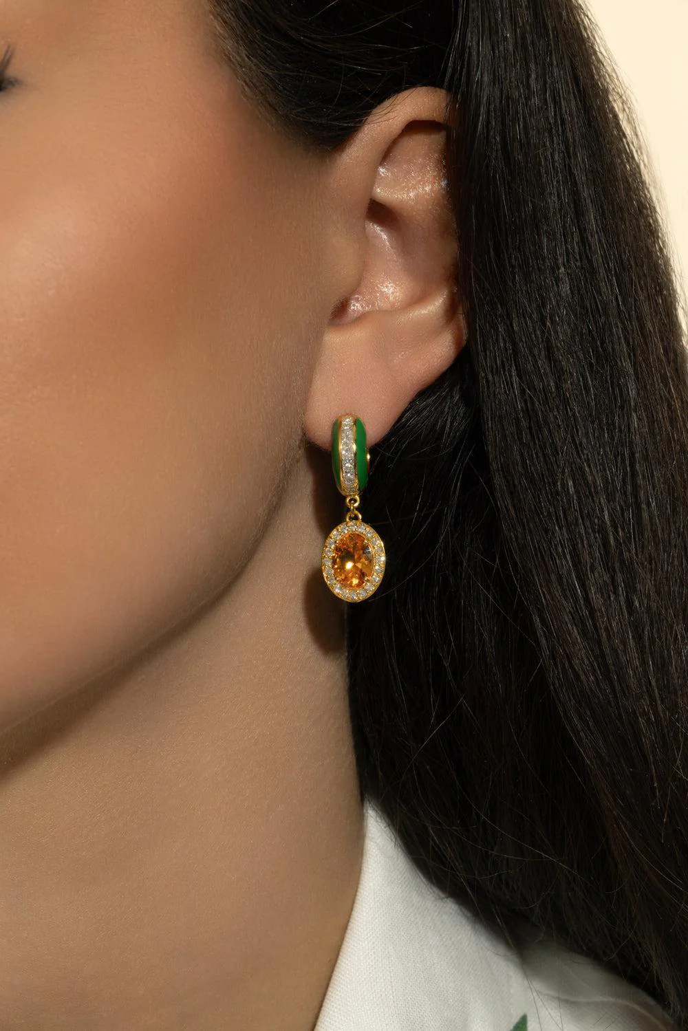 Garnet Diamond Green Huggie Earrings - Image 3