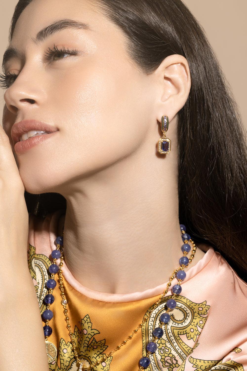 Tanzanite Square Drop Hoop Earrings - Image 4