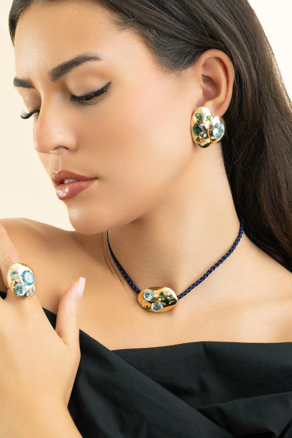 Green Tourmaline Blue Topaz Rock Class Earrings - Image 2