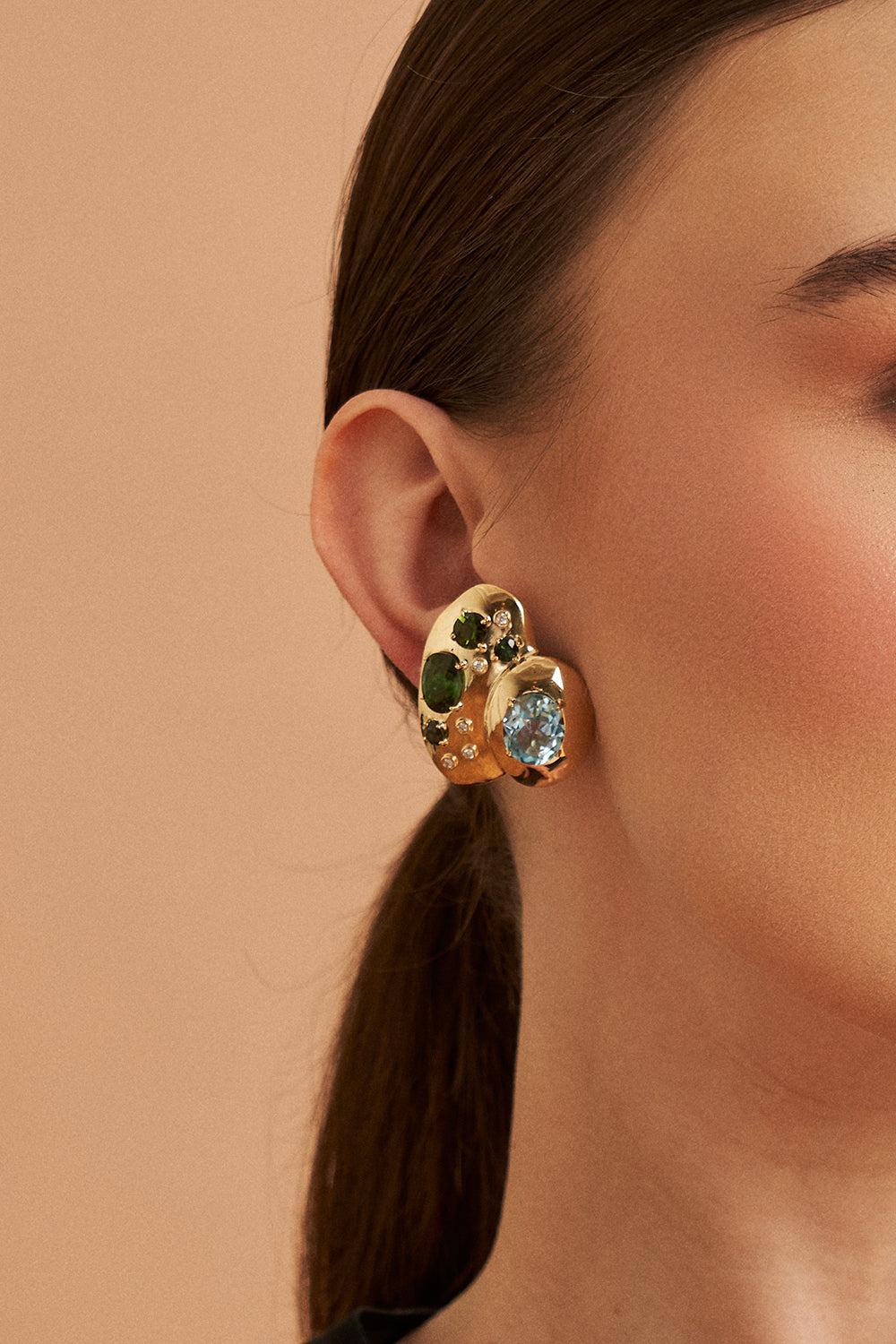 Green Tourmaline Blue Topaz Rock Class Earrings - Image 4