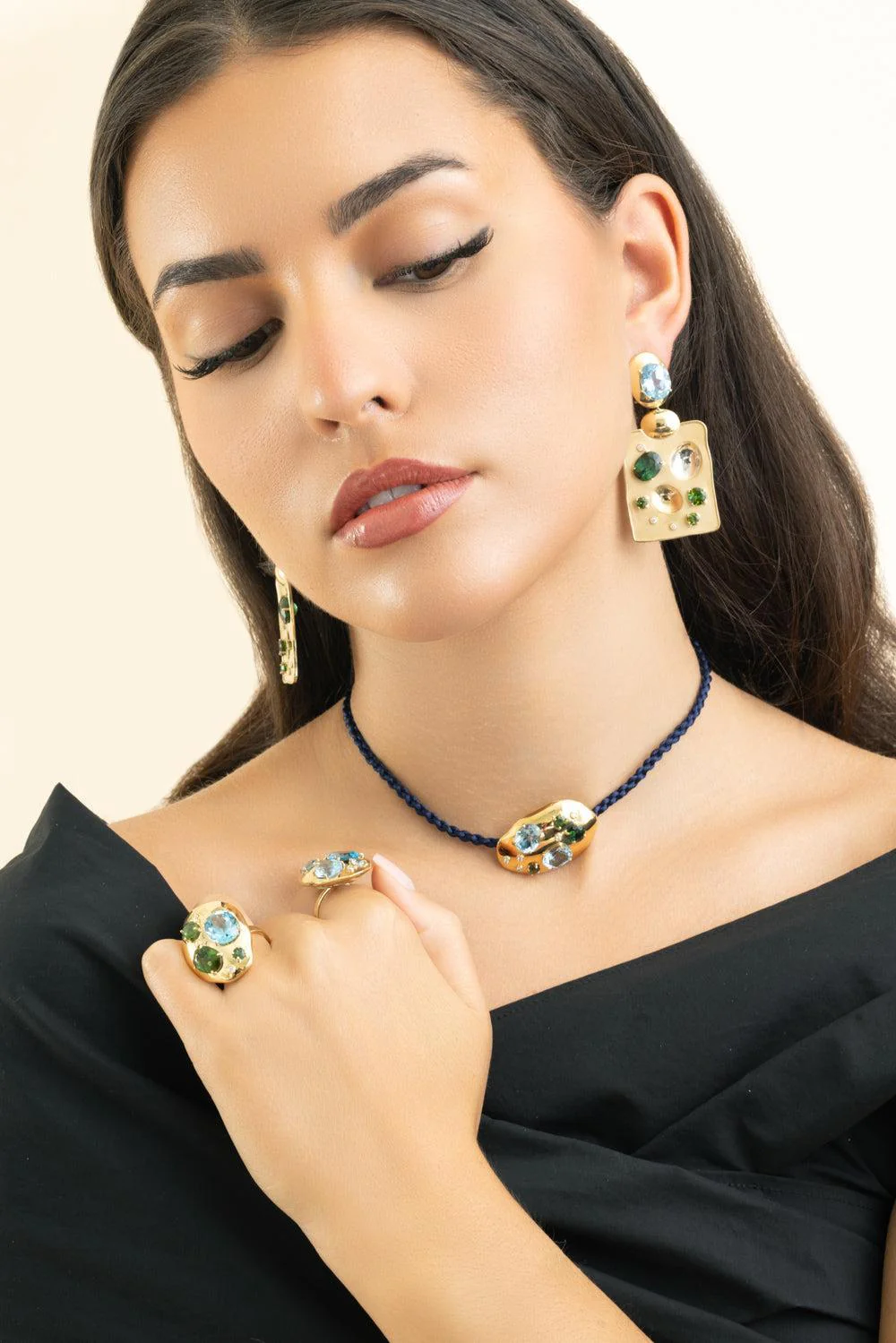 Green Tourmaline Blue Topaz Rock Drop Earrings