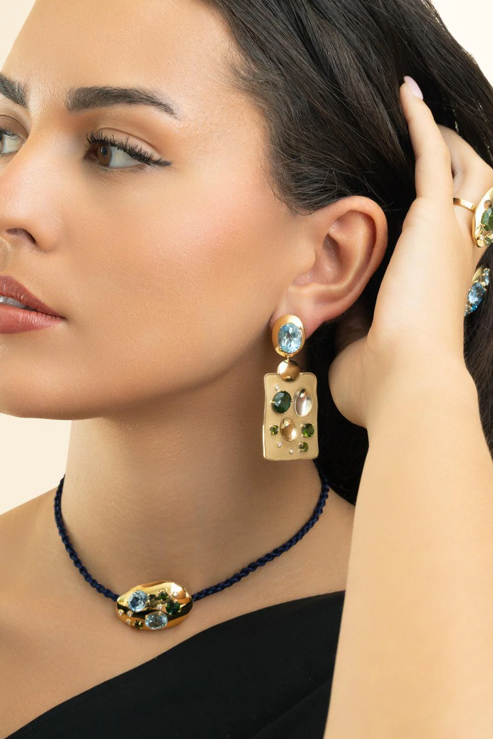 Green Tourmaline Blue Topaz Rock Drop Earrings - Image 2