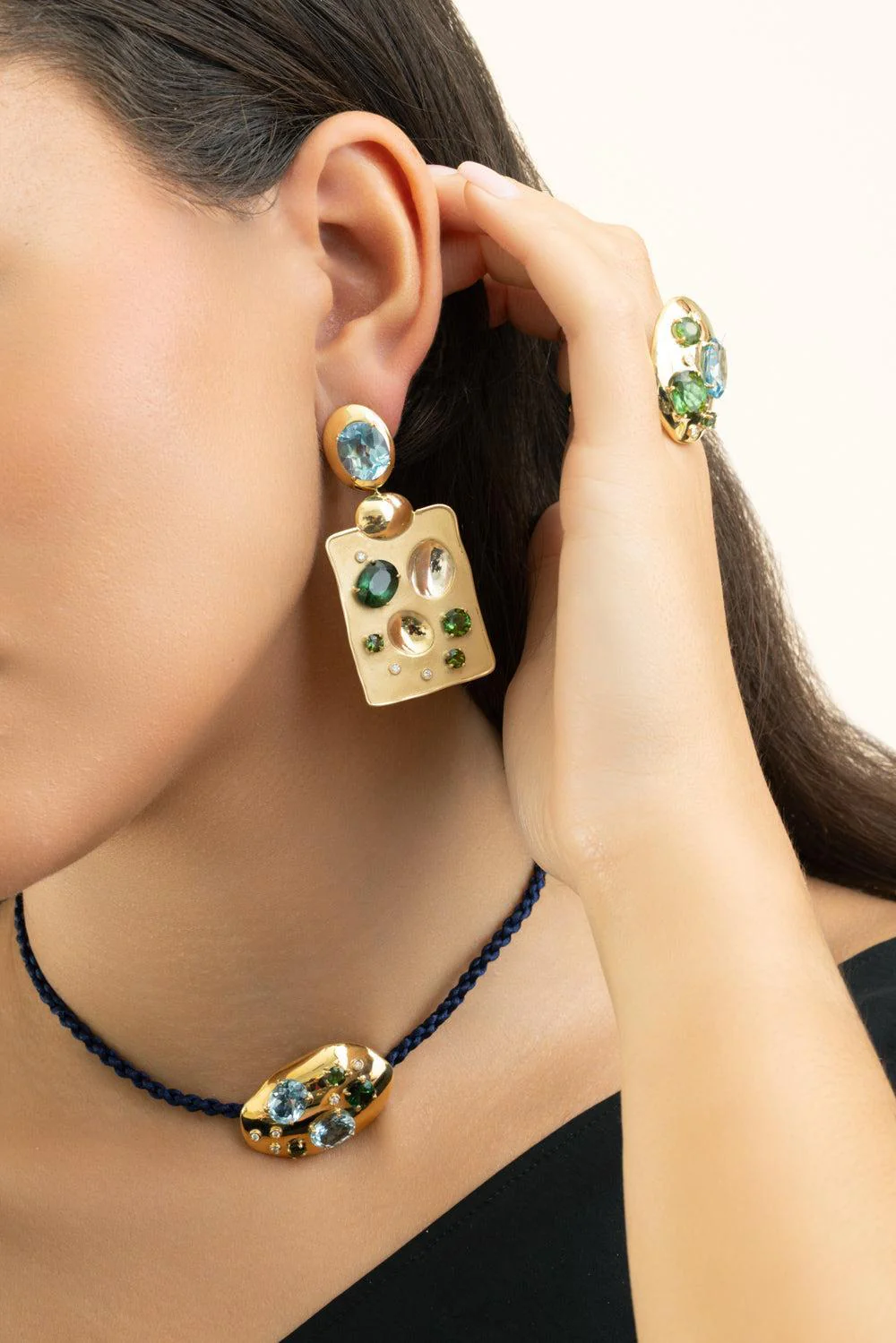 Green Tourmaline Blue Topaz Rock Drop Earrings - Image 3