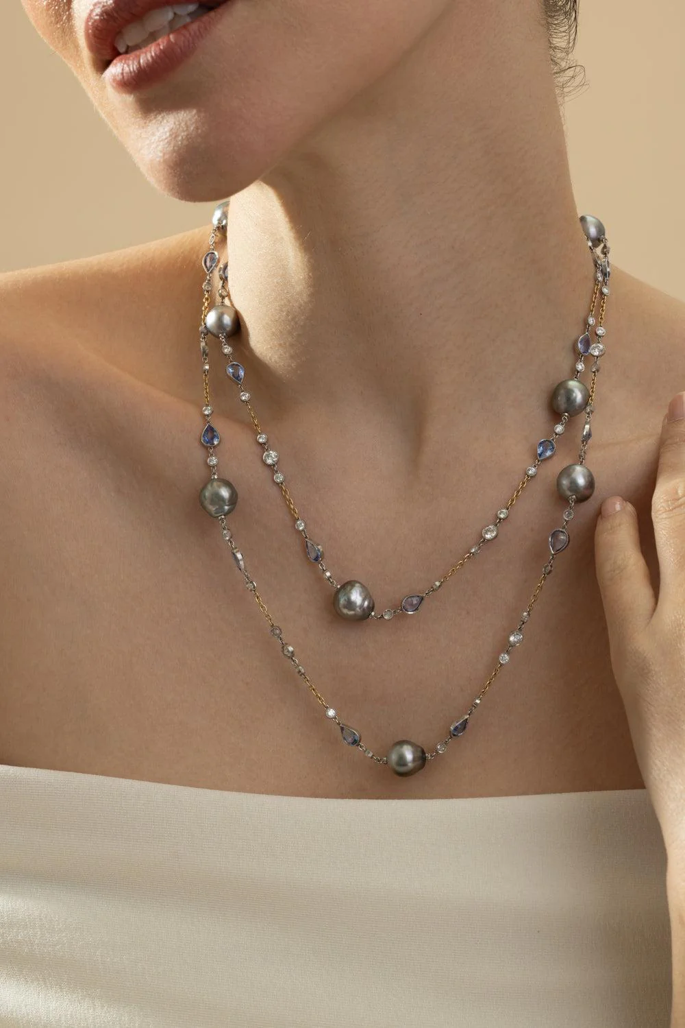 Pearl Sapphire Opera Chain Necklace - Image 3