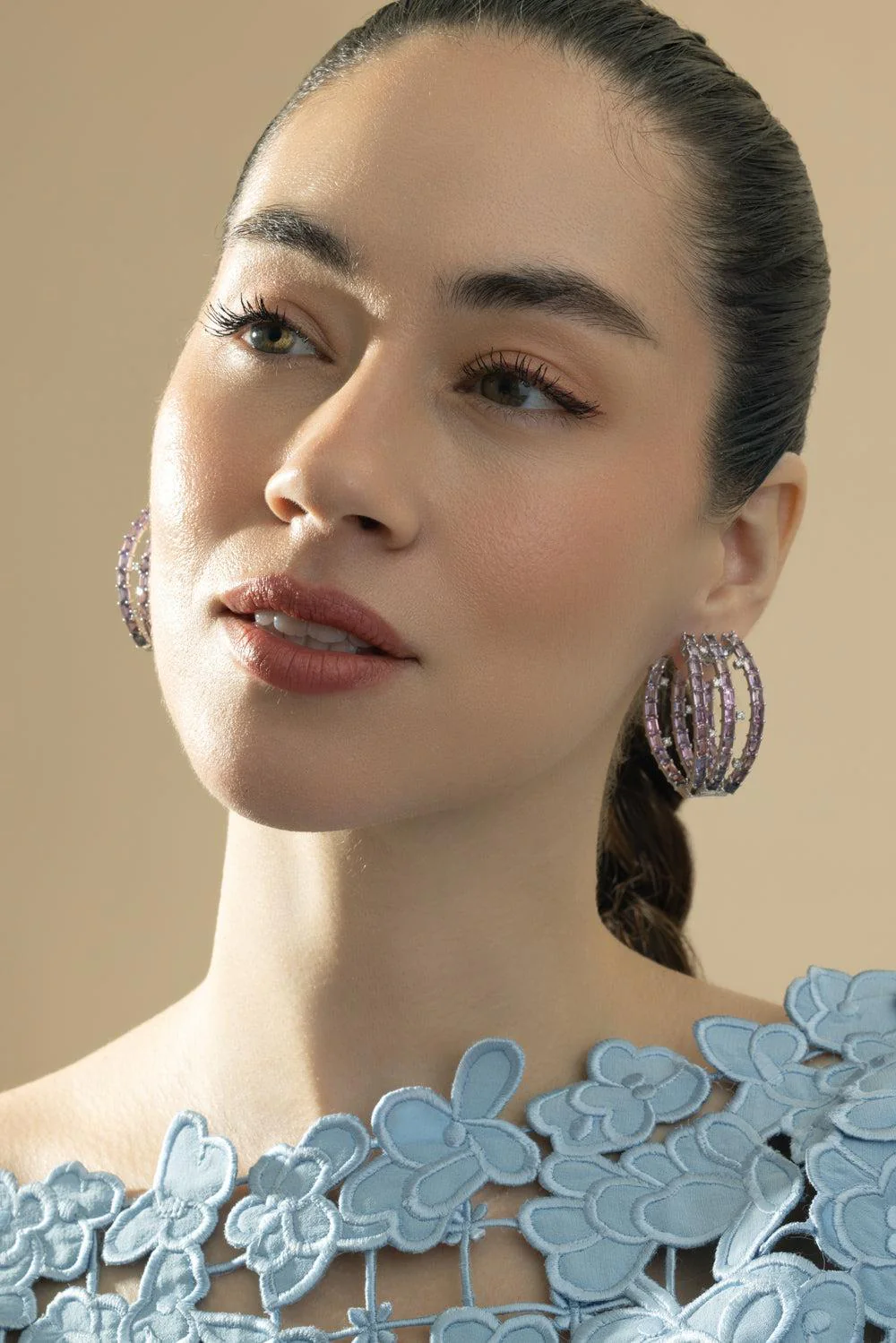 Pink Sapphire Triple Hoop Earrings - Image 3