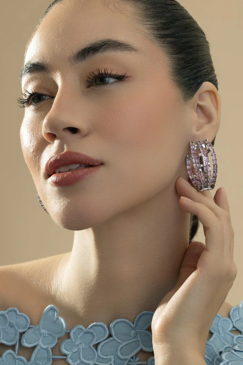 Pink Sapphire Triple Hoop Earrings - Image 4