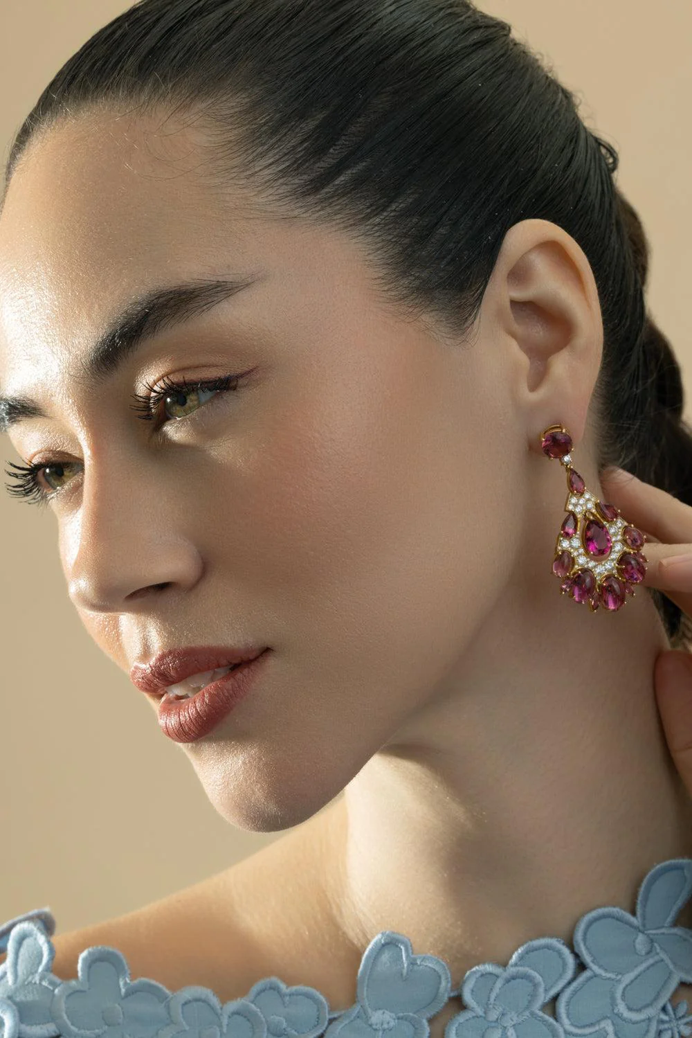 Pink Tourmaline Fan Drop Earrings - Image 2