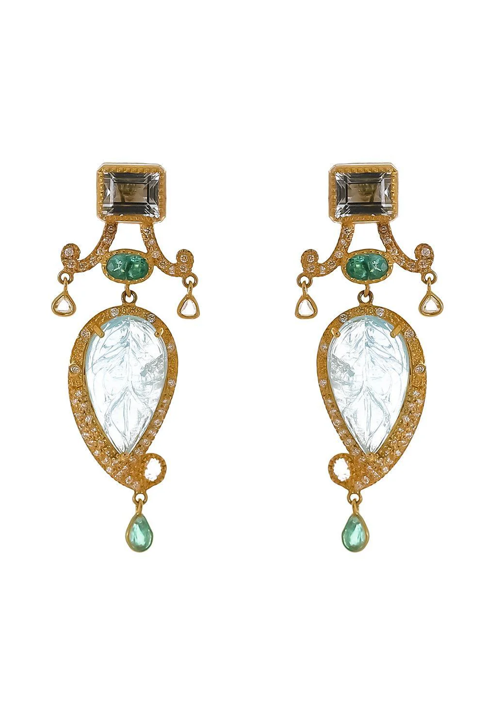 Aquamarine Tsavorite Diamond Carved Earrings