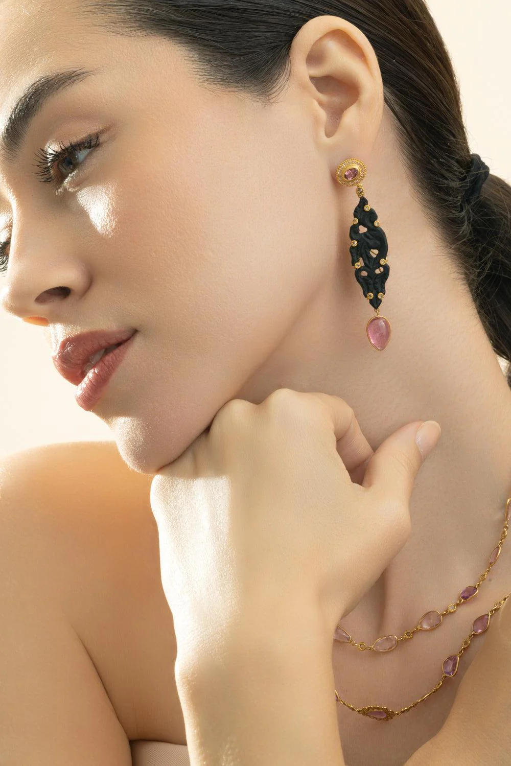 Black Onyx Pink Tourmaline Earrings - Image 3