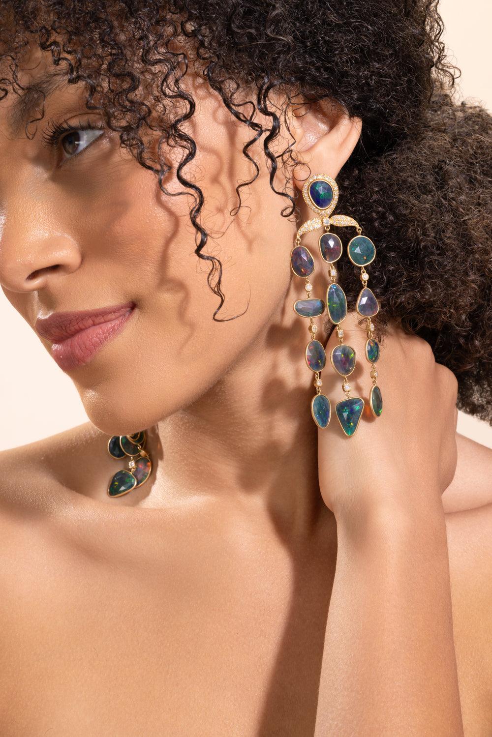Diamond Black Opal Chandelier Earrings - Image 4
