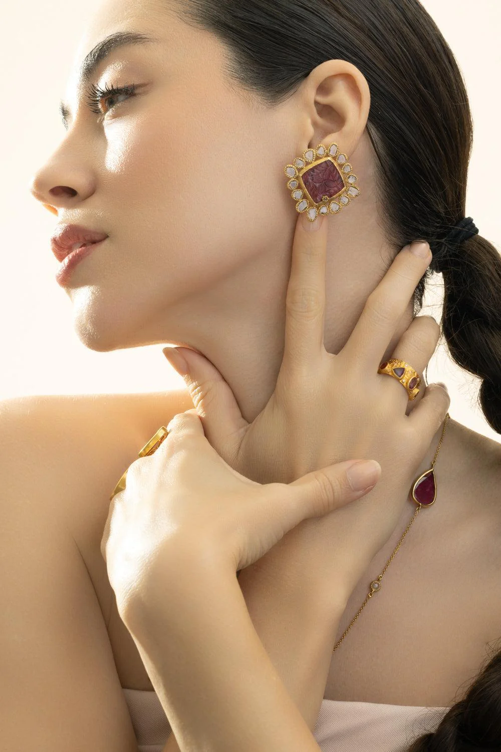 Diamond Rubillte Carved Stud Earrings - Image 2