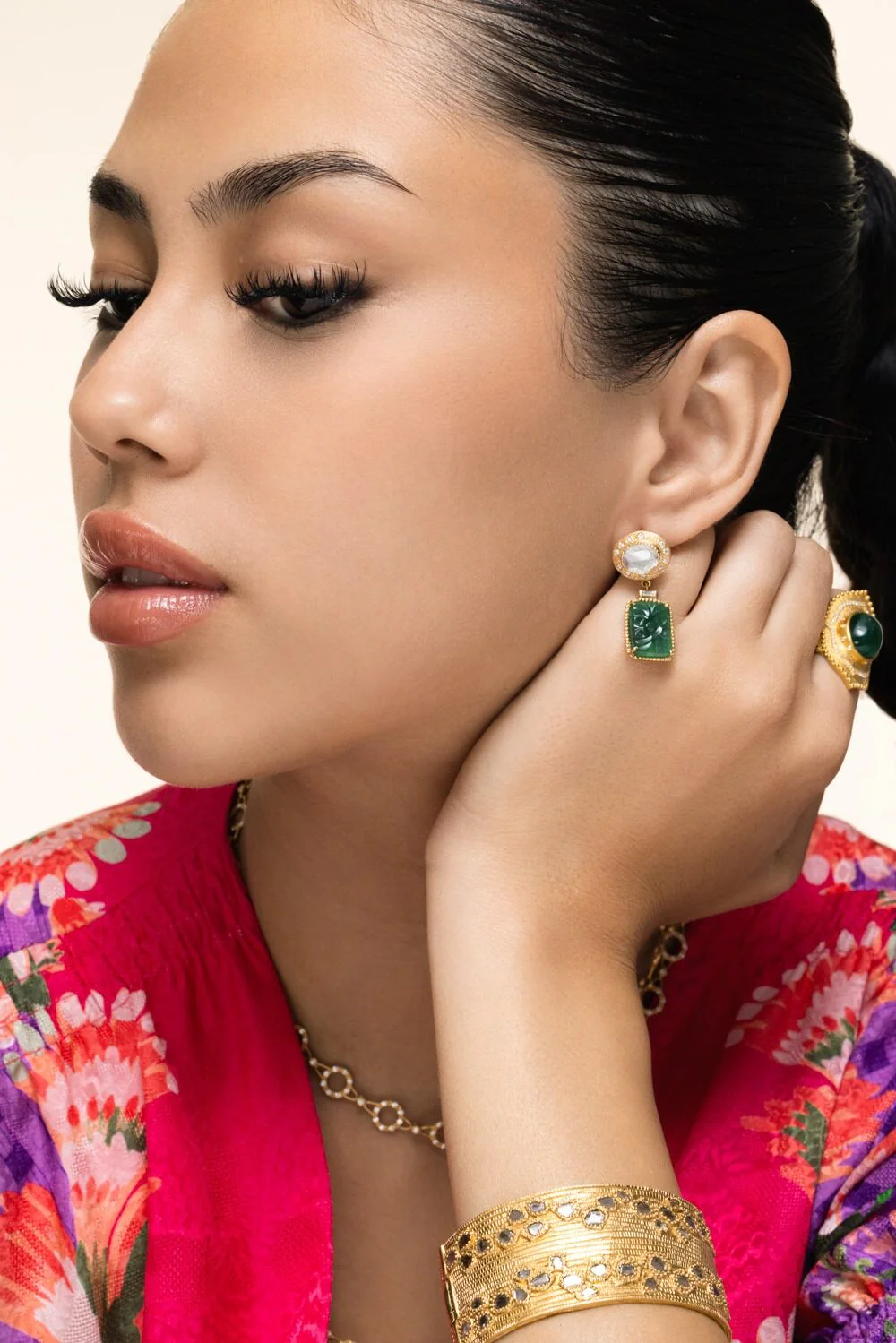 Emerald Diamond Carved Earrings - Image 2