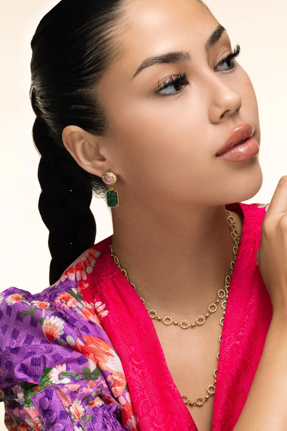 Emerald Diamond Carved Earrings - Image 3