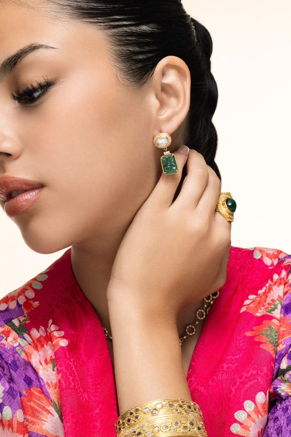 Emerald Diamond Carved Earrings - Image 4