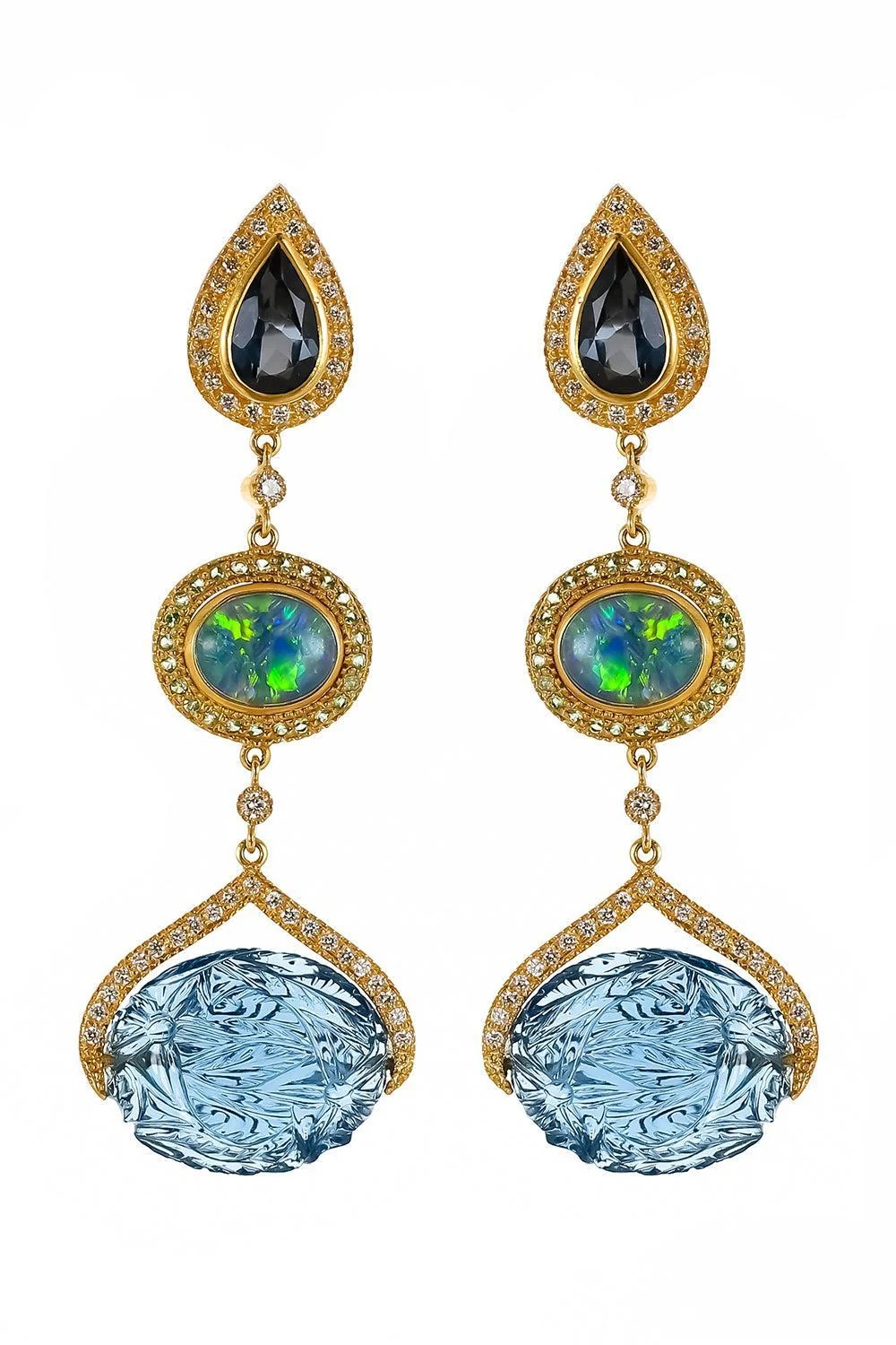 London Blue Topaz Opal Three Drop Affinity Earrings
