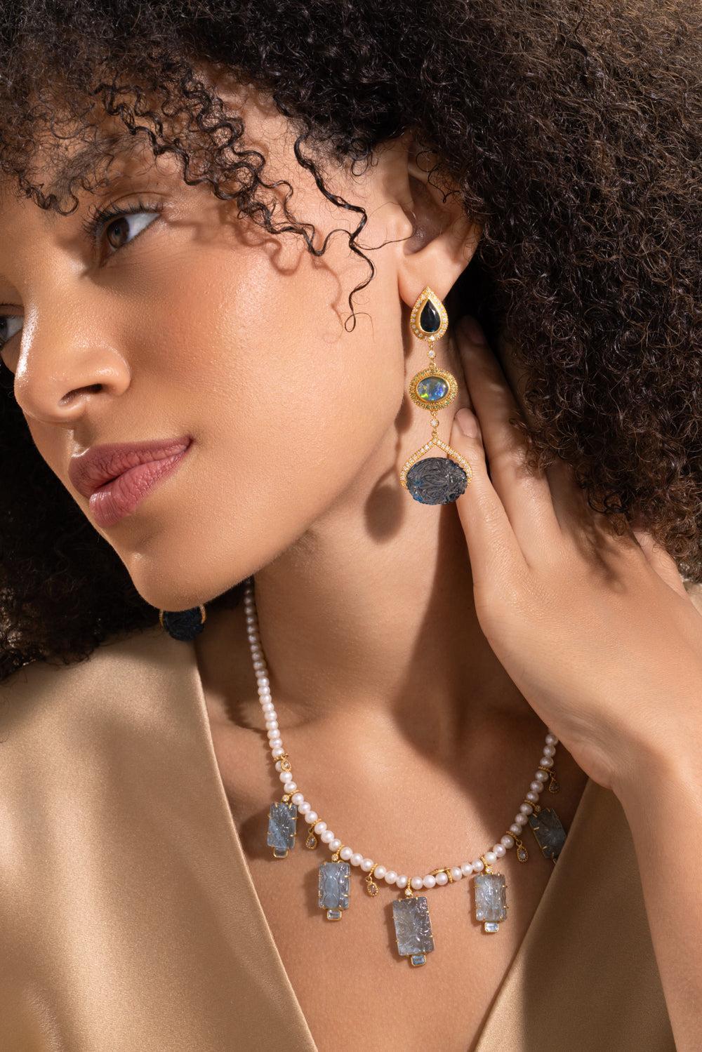 London Blue Topaz Opal Three Drop Affinity Earrings - Image 2
