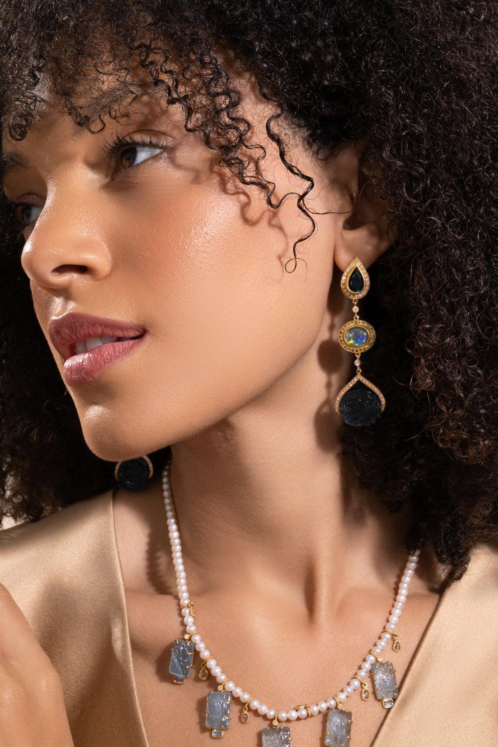 London Blue Topaz Opal Three Drop Affinity Earrings - Image 3