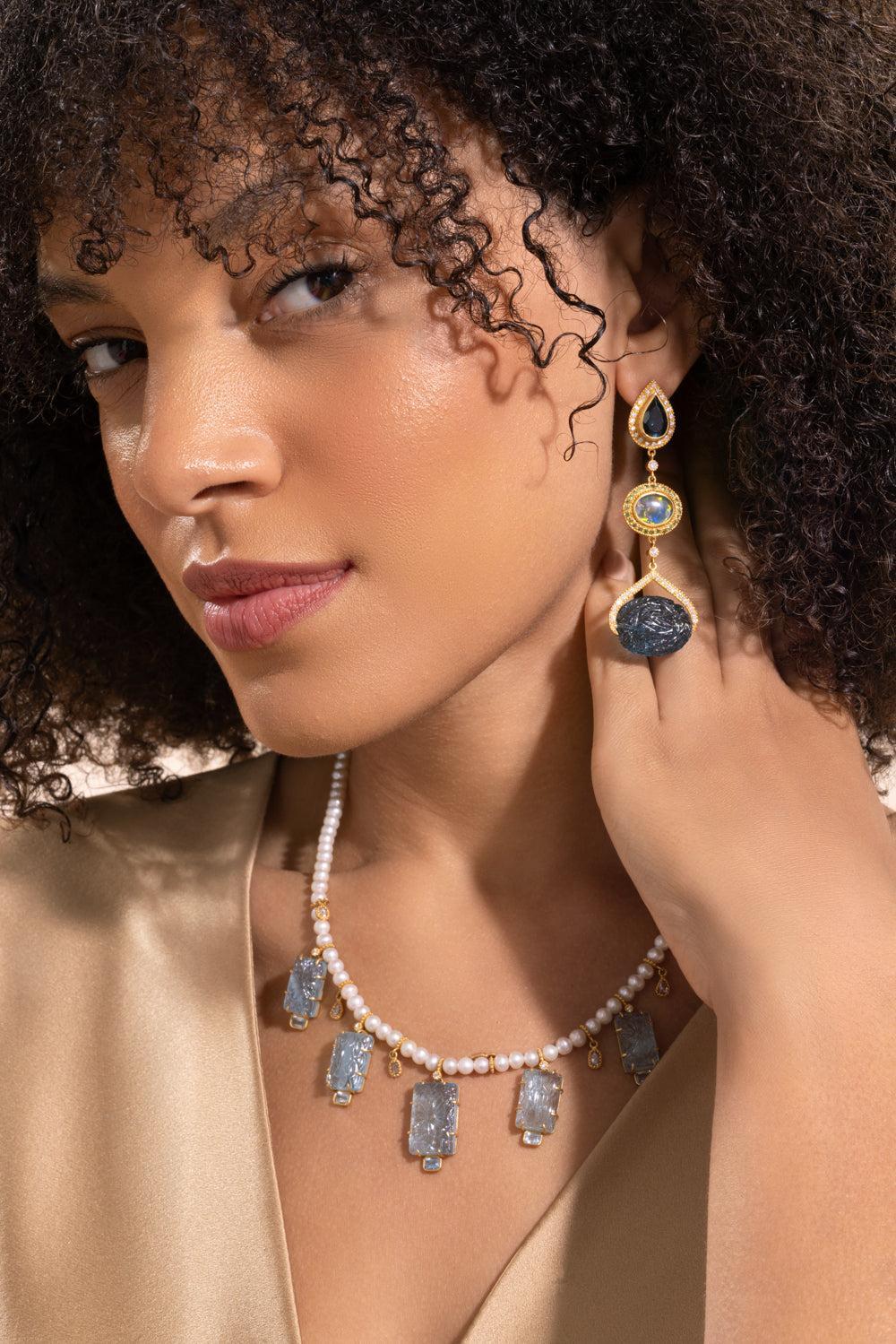 London Blue Topaz Opal Three Drop Affinity Earrings - Image 4