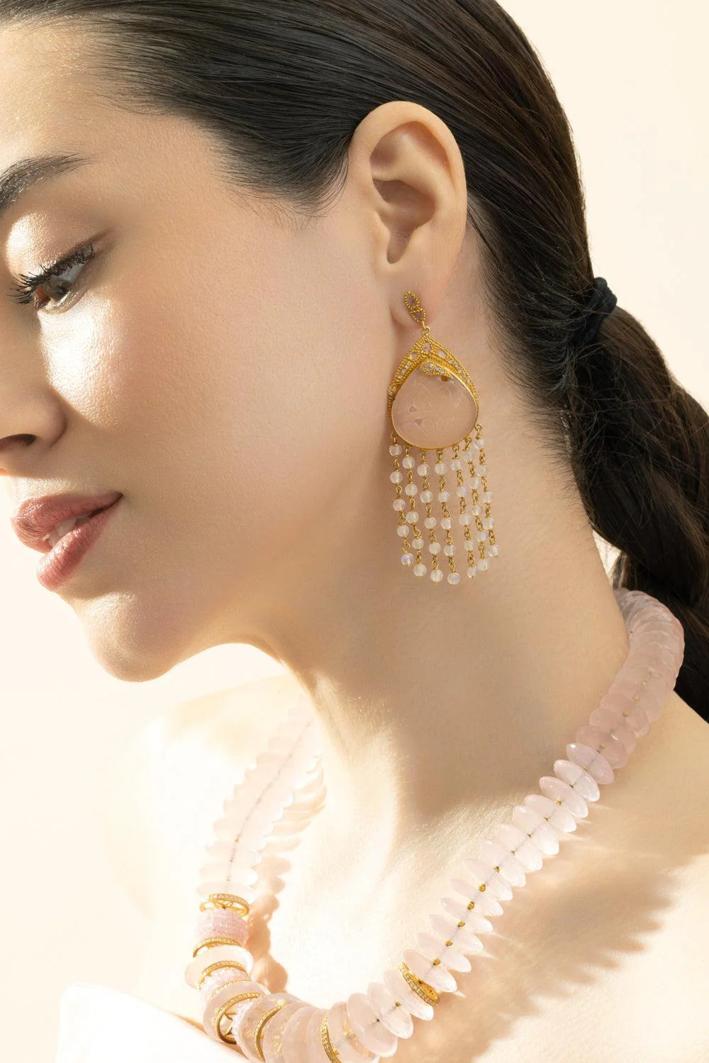 Moonstone Diamond Agate Carved Earrings - Image 4