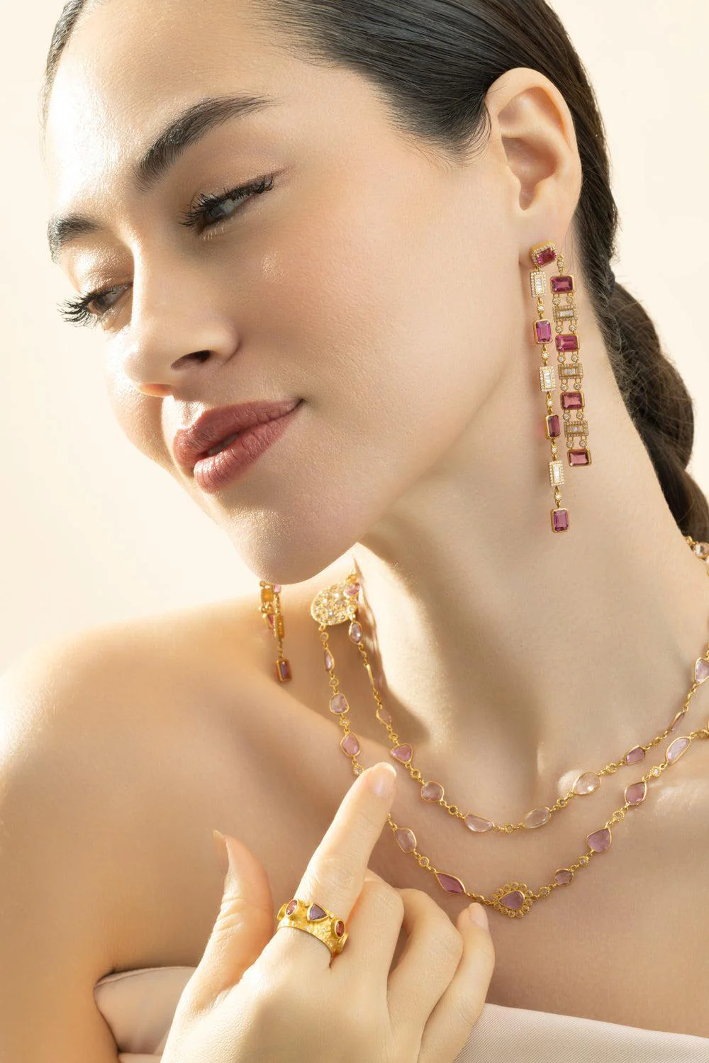 Pink Tourmaline Diamond Two Line Earrings - Image 4