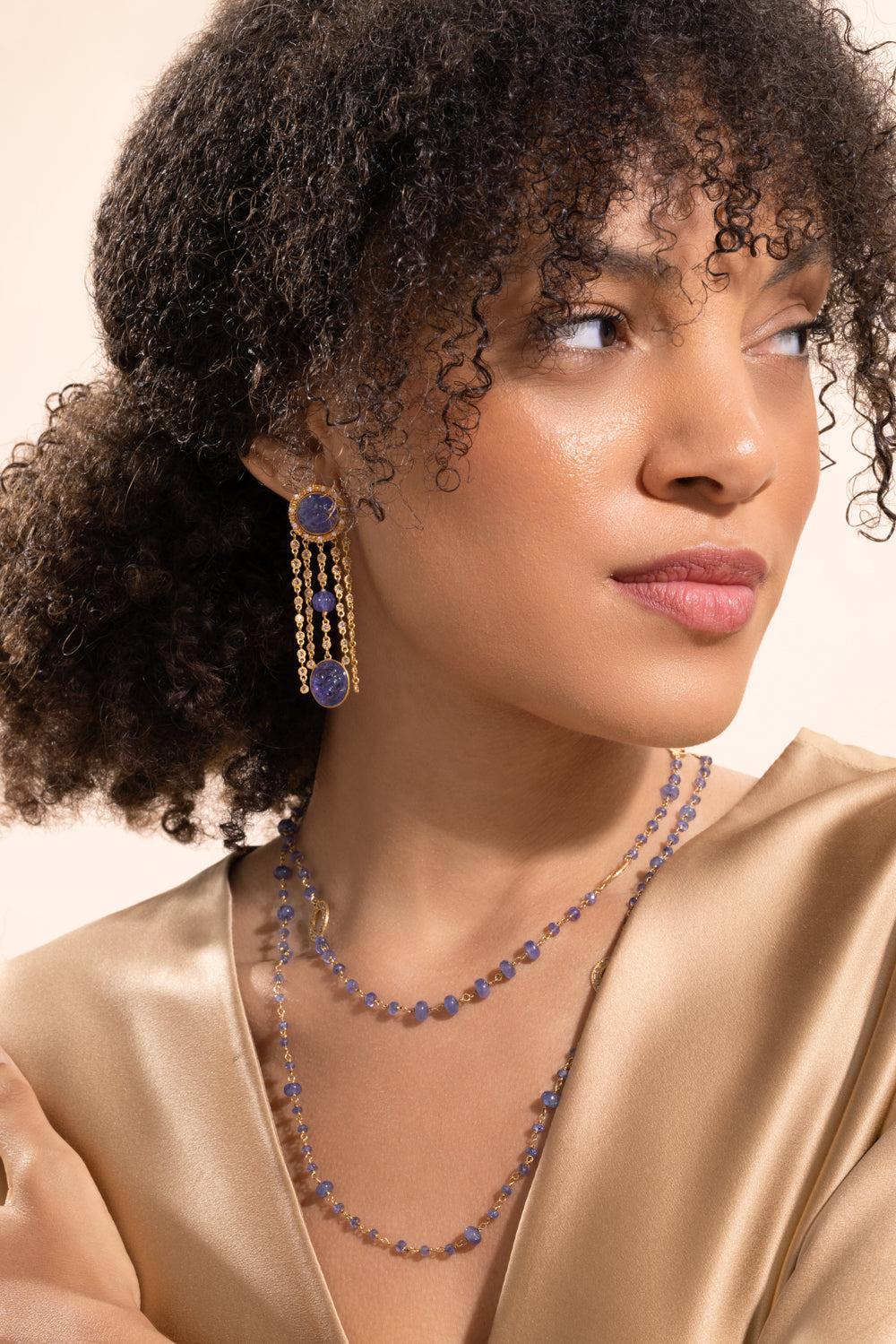 Tanzanite Diamond Carved Dangle Earrings - Image 3