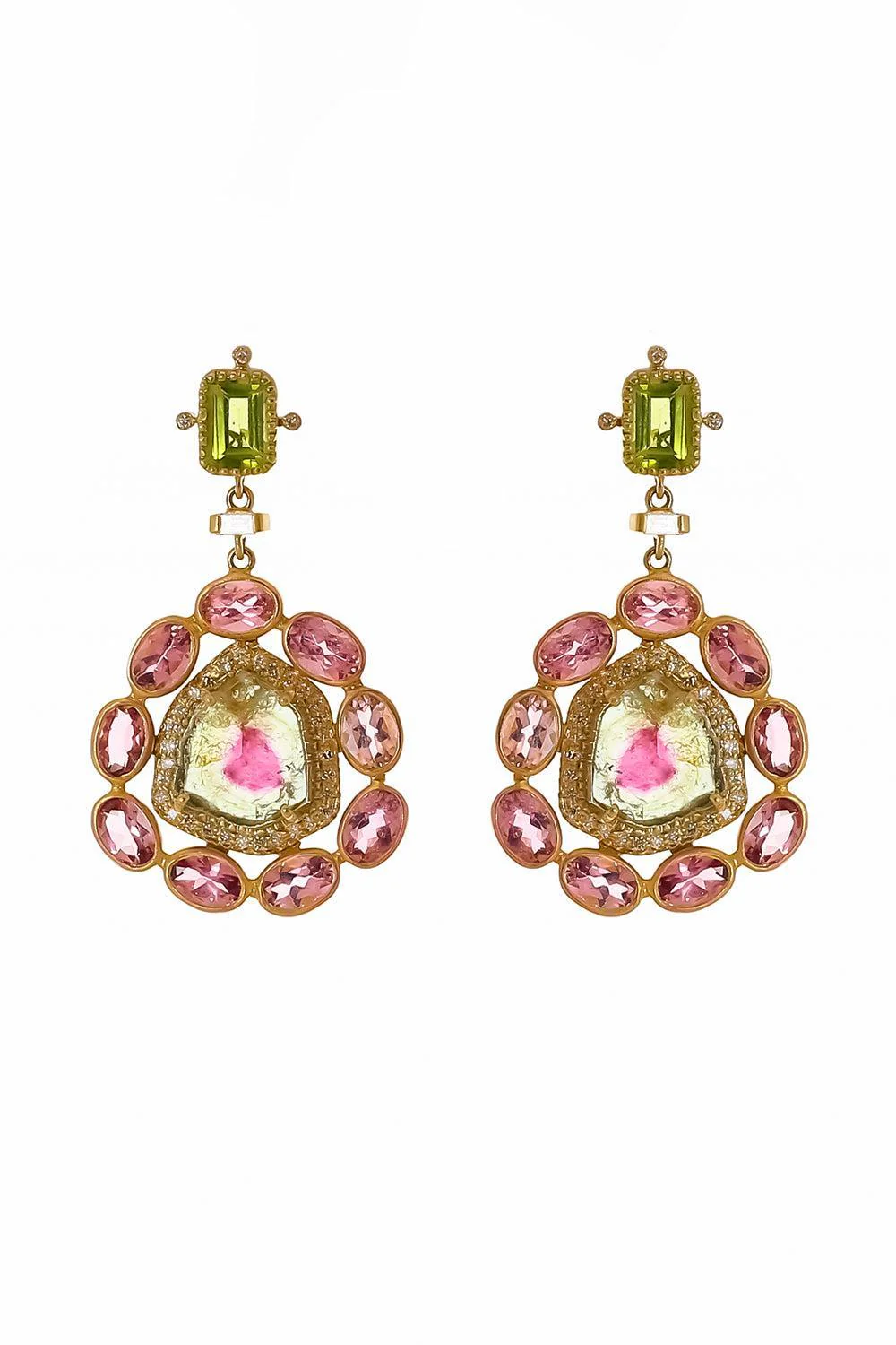 Watermelon Tourmaline Peridot Flower Earrings