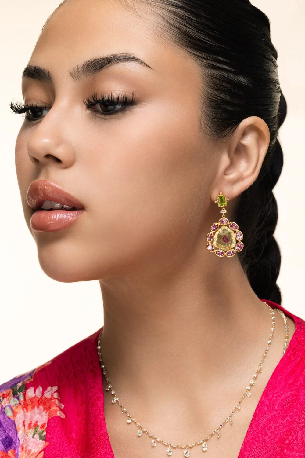 Watermelon Tourmaline Peridot Flower Earrings - Image 2