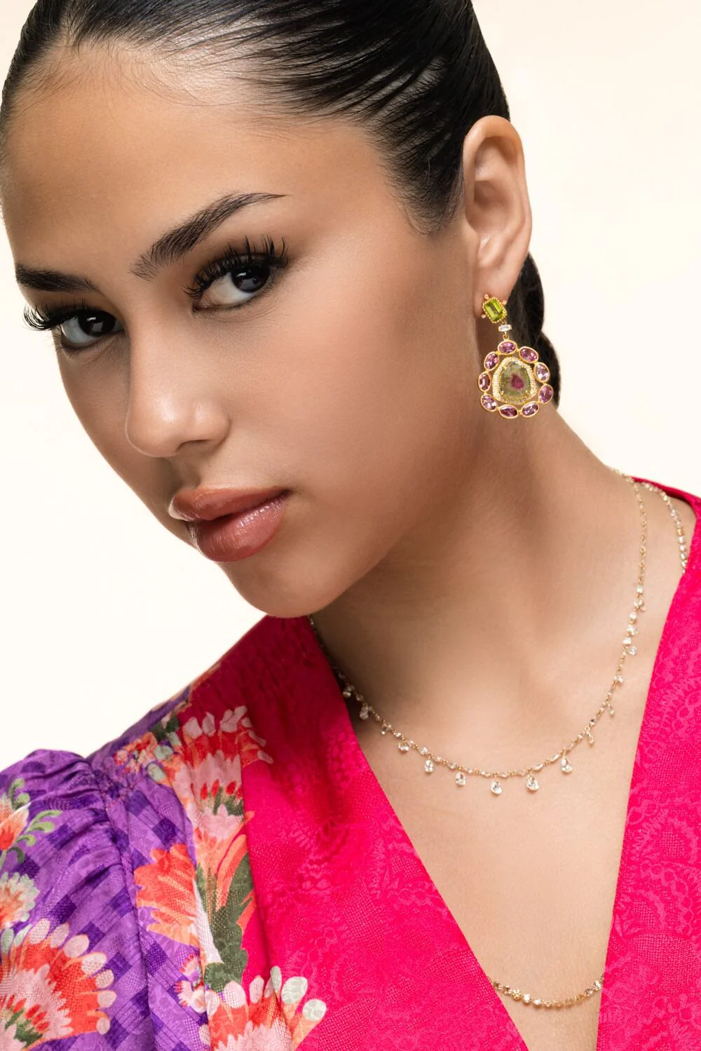 Watermelon Tourmaline Peridot Flower Earrings - Image 3