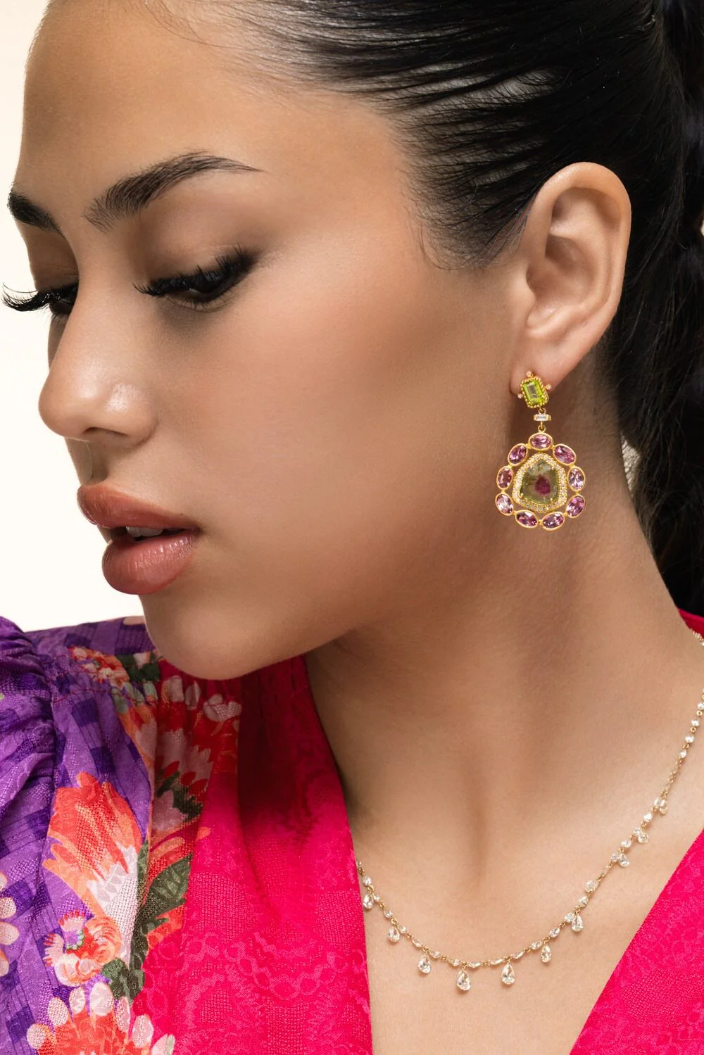 Watermelon Tourmaline Peridot Flower Earrings - Image 4