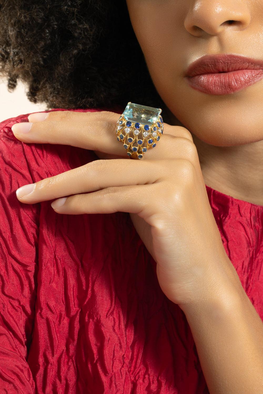 Aquamarine Sapphire Step Cut Tiered Ring - Image 3