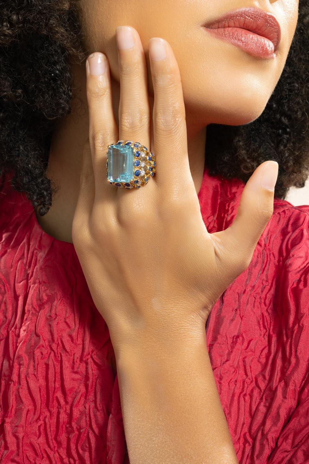 Aquamarine Sapphire Step Cut Tiered Ring - Image 4