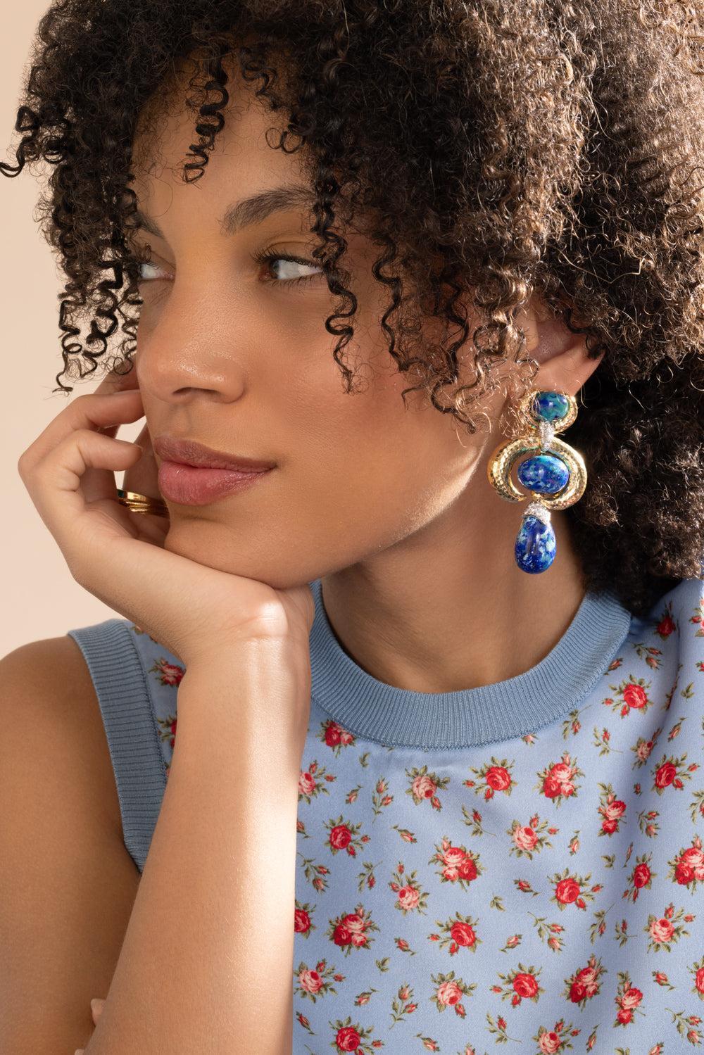 Azure Malachite Double Crescent Couture Earrings - Image 2