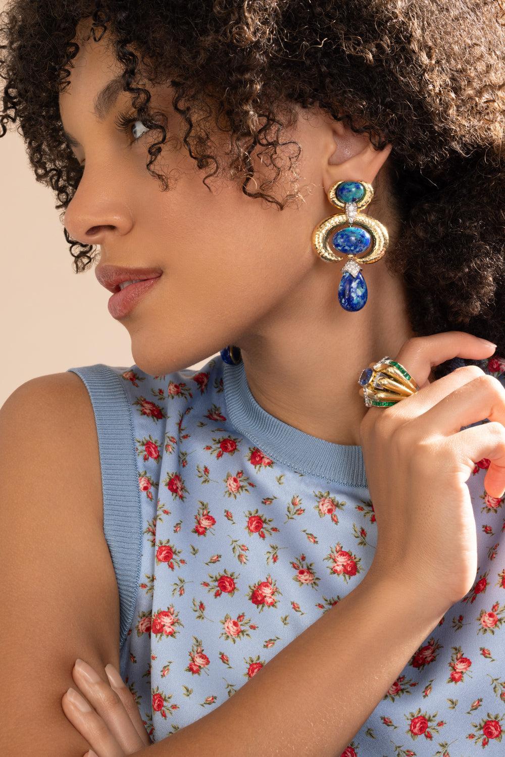 Azure Malachite Double Crescent Couture Earrings - Image 3