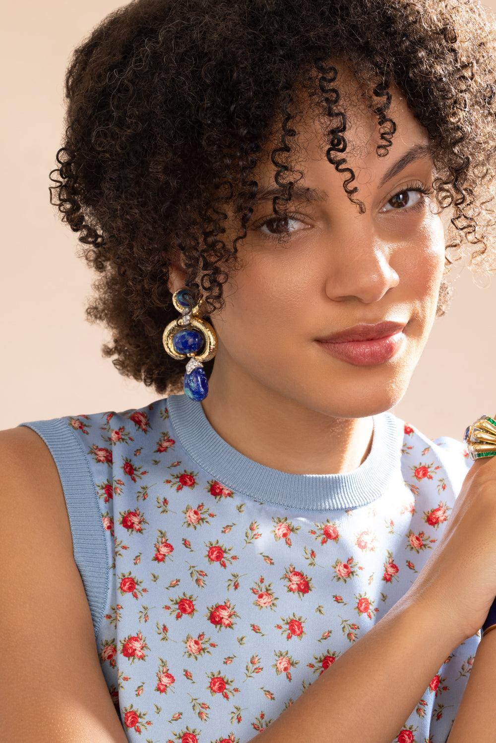 Azure Malachite Double Crescent Couture Earrings - Image 4