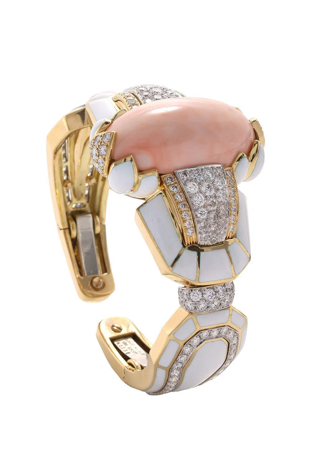 Cabochon Coral Diamond White Lotus Cuff Bracelet